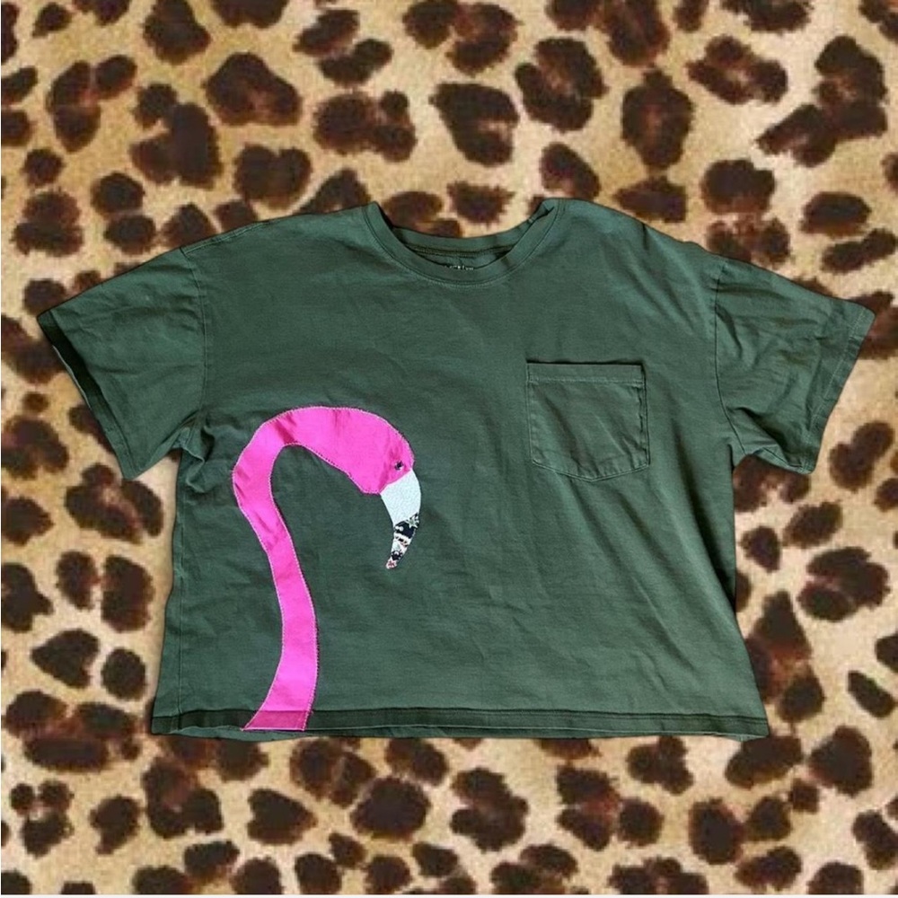 Women’s xxl pink flamingo upcycled green crop tee patchwork sewn time & tru